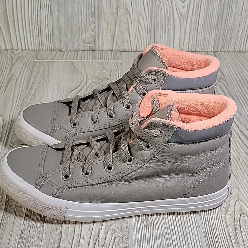 Converse Grey Leather High Top Sneakers Coral Pink Terry Lining Juniors Size 6